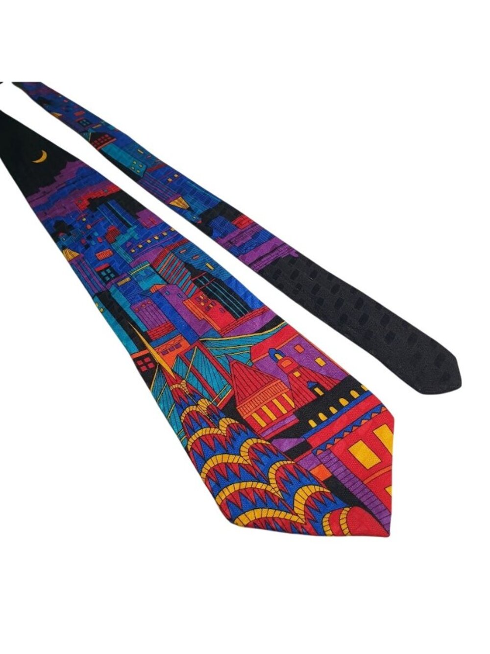 Addiction Hand Made All Silk Colorful Cityscape Necktie Myanmar Unique Gift Art